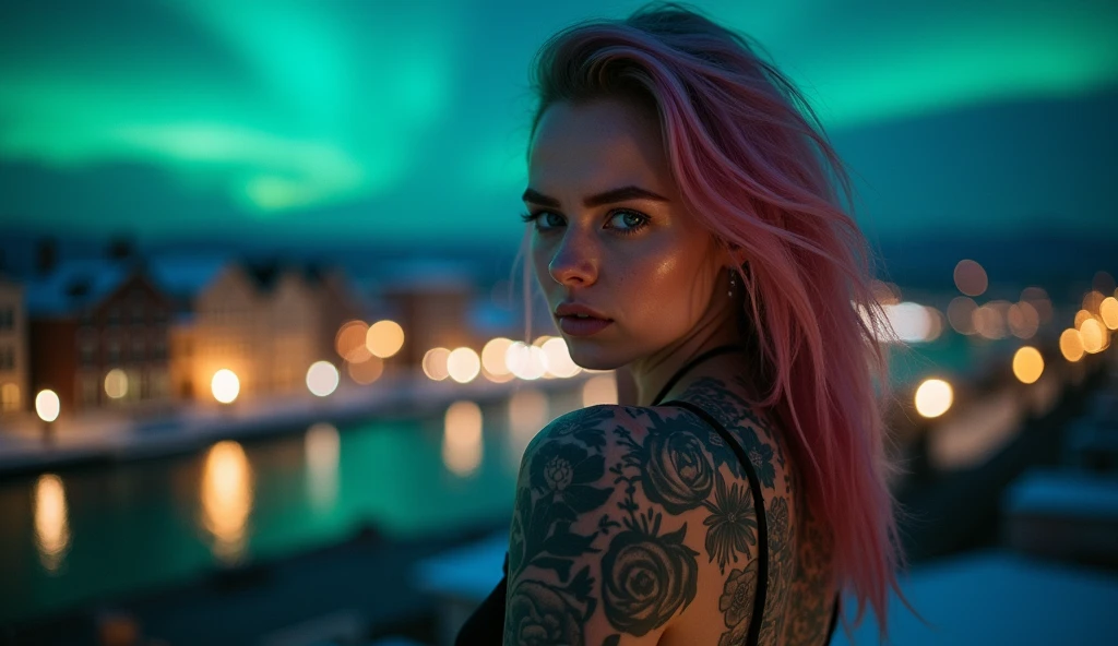 tattooed,(very beautiful big breasts)、(tears),(Back Tattoo、Many tattoos on both arms and neck)、 (Reykjavik at night, Aurora shining in the night sky),Candlelight only,Very detailed, 2, Beautiful woman,Depressed face, Pink Hair,Medium Hair, blue eyes, High resolution, masterpiece, Highest quality, Intricate details, Very detailed, Clear focus, Delicate skin, practical skin texture, texture, Delicate eyes, Professional, 8k, Sad face,despair、 Shot with Canon, 85mm, Shallow and deep, Kodak Vision Color, that's right, Very detailed, photograph_\(Extremist\), photographpractical, practical, Post-processing, Maximum details, Roughness, Real Life, Extremist practical, Photorealism, photographgraphy, 8k ウルトラ HD, photographgraphy