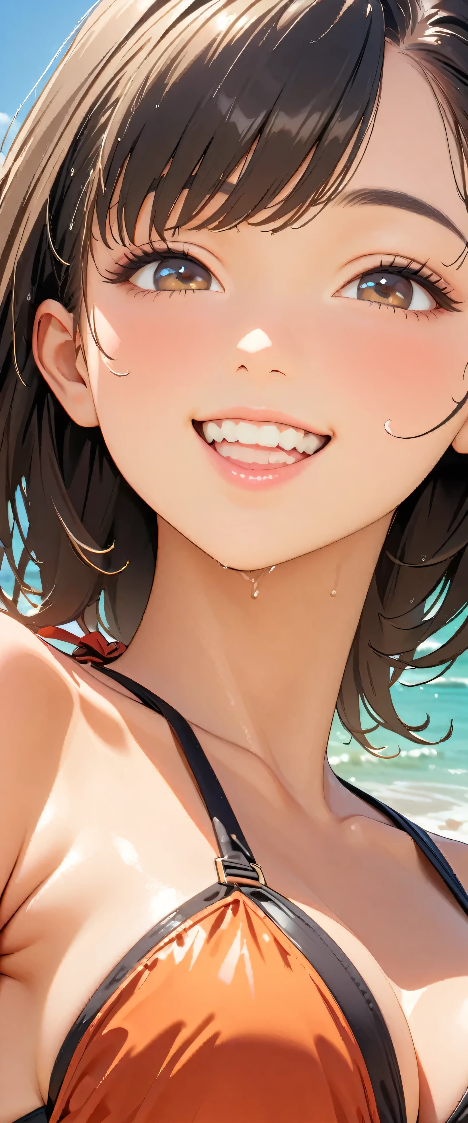 (Highest quality:1.2, Very detailed, Latest, Vibrant, masterpiece:1.2, Highest quality, Best aesthetics), smile, ((Face Up Shot:1.4)), 1980s style, 8K Ultra HD, Background Blur, smile, One Woman, Woman in bikini, Strong sunlight, Seaside, sunny, Summer sunshine, Wet Skin, Sandy Beach, Dynamic Angle, Get excited