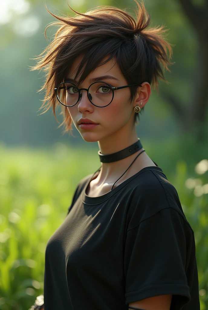Punk girl with glasses and a black shirt, Blurred green grass and trees in the background々, The World in 2980、Short brown hair, Detailed face, high quality, High resolution