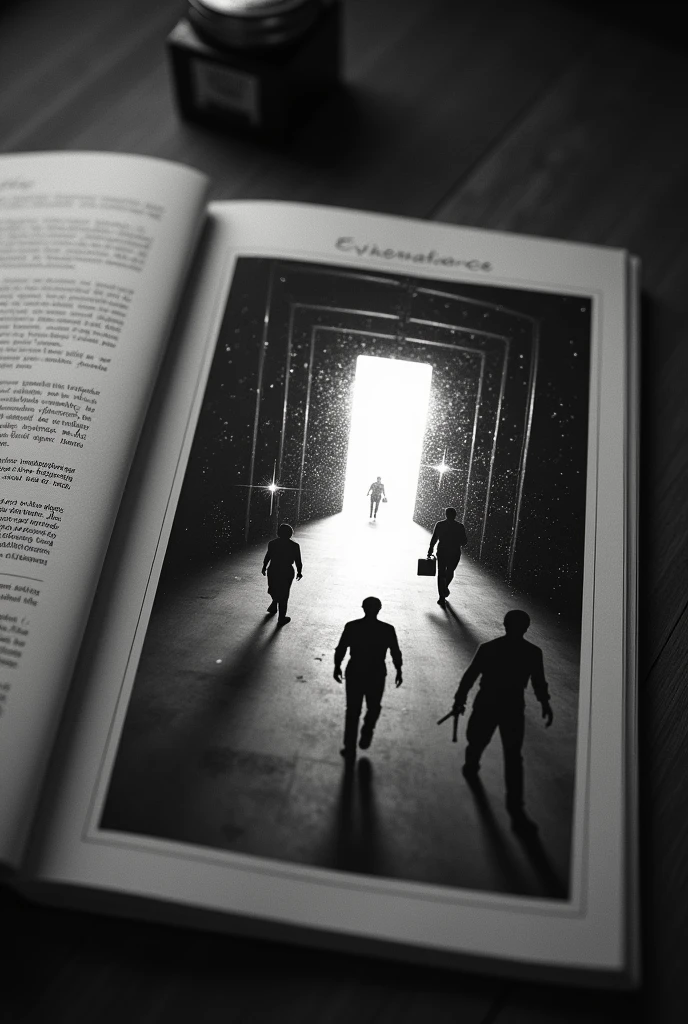 (a folder of evidence on a table:2.0), the folder contains photos with the following parameters: (((images from a security camera, ccctv, I see them from above, top isometric view, the camera is positioned in the corner of the ceiling, there are men entering a small portal of energy edges, the portal opens in the middle of the warehouse. they are in a warehouse, there are hostages, black and white filter on image, interdimensional energy portal, they carry boxes, some men are armed, silhouettes, open angle, sparks, sparks, motion-blur, old camera horizontal line filter)))