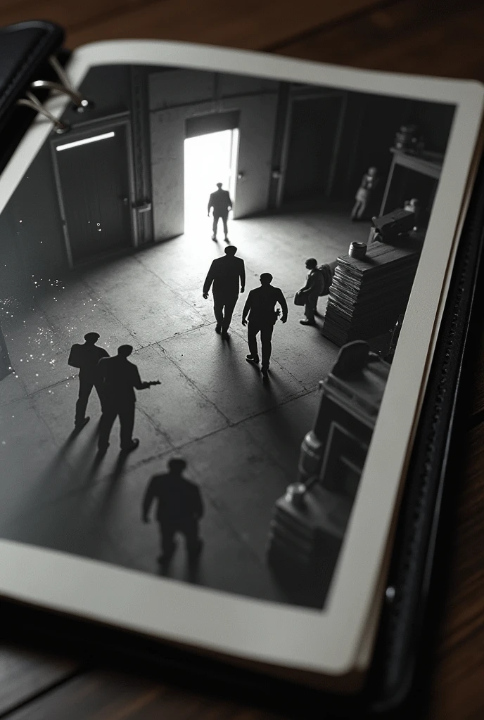 (a folder of evidence on a table:2.0), the folder contains photos with the following parameters: (((images from a security camera, ccctv, I see them from above, top isometric view, the camera is positioned in the corner of the ceiling, there are men entering a small portal of energy edges, the portal opens in the middle of the warehouse. they are in a warehouse, there are hostages, black and white filter on image, interdimensional energy portal, they carry boxes, some men are armed, silhouettes, open angle, sparks, sparks, motion-blur,  old camera horizontal line filter)))