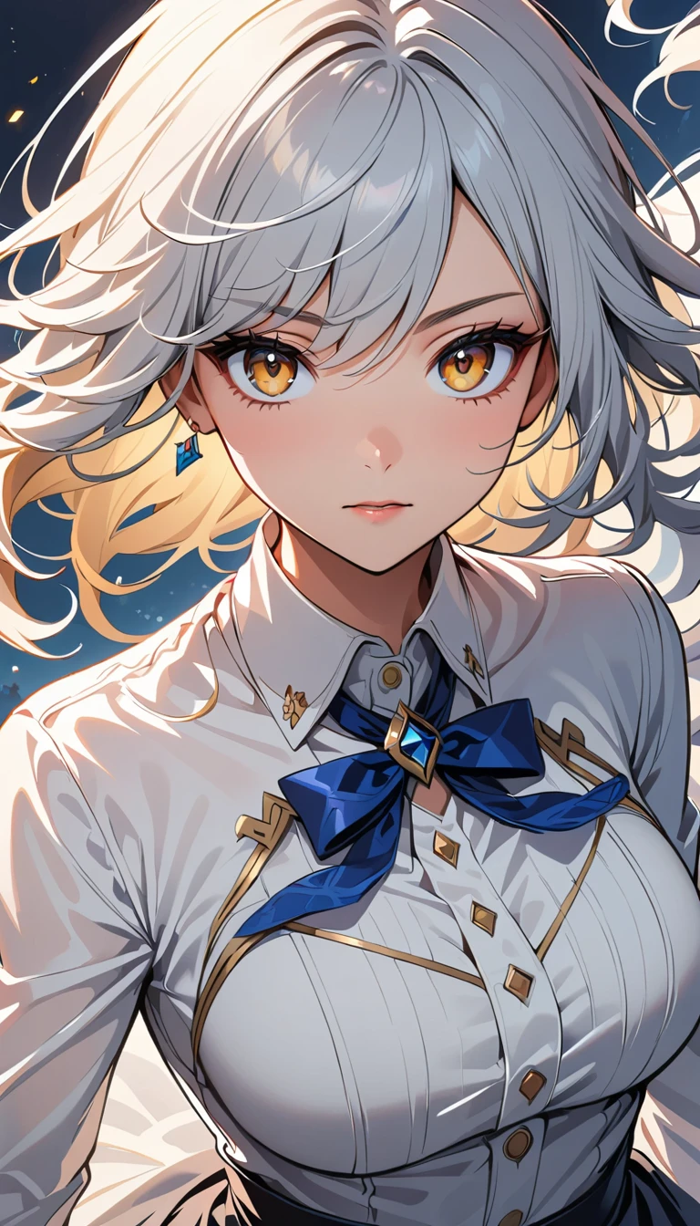 Black anime girl with long white hair dressed in white, Yellow Eyes, With sword, Shocking Genshin style