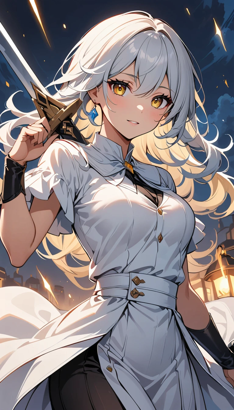 Black anime girl with long white hair dressed in white, Yellow Eyes, With sword, Shocking Genshin style