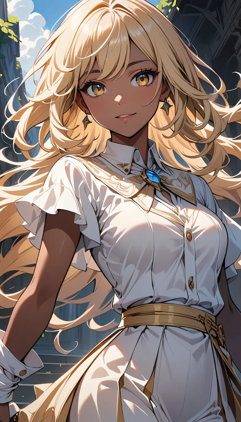 Black anime girl with long white hair dressed in white, Yellow Eyes, With sword, Shocking Genshin style