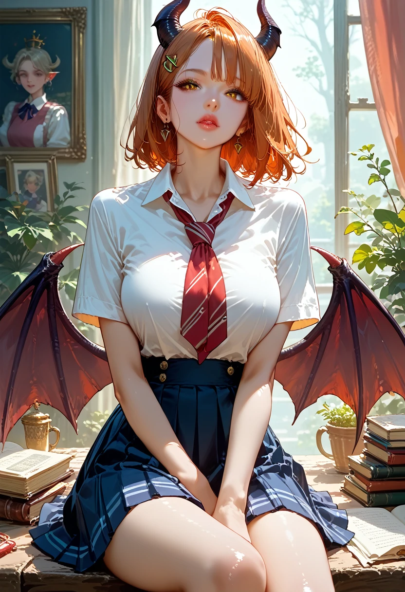 score_9, score_8_up,score_7_up,masterpiece, best quality, perfect anatomy, very aesthetic, official art, 8k,1girl, eyelashes,lips gloss,demon_girl,demon_wings,large_breasts, hairclip, school uniform, short sleeve shirt, sitting,night town