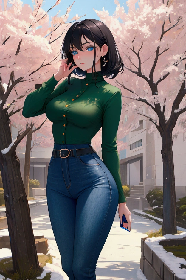 Woman with a sculptural body, Waist slender, medium breasts, thick-thighs, with black hair and light blue eyes with green contrasts, wearing formal winter clothing, Wearing jeans, She is holding a modern cell phone in her hand while taking a picture of the landscape, she is near a sakura tree with falling leaves.