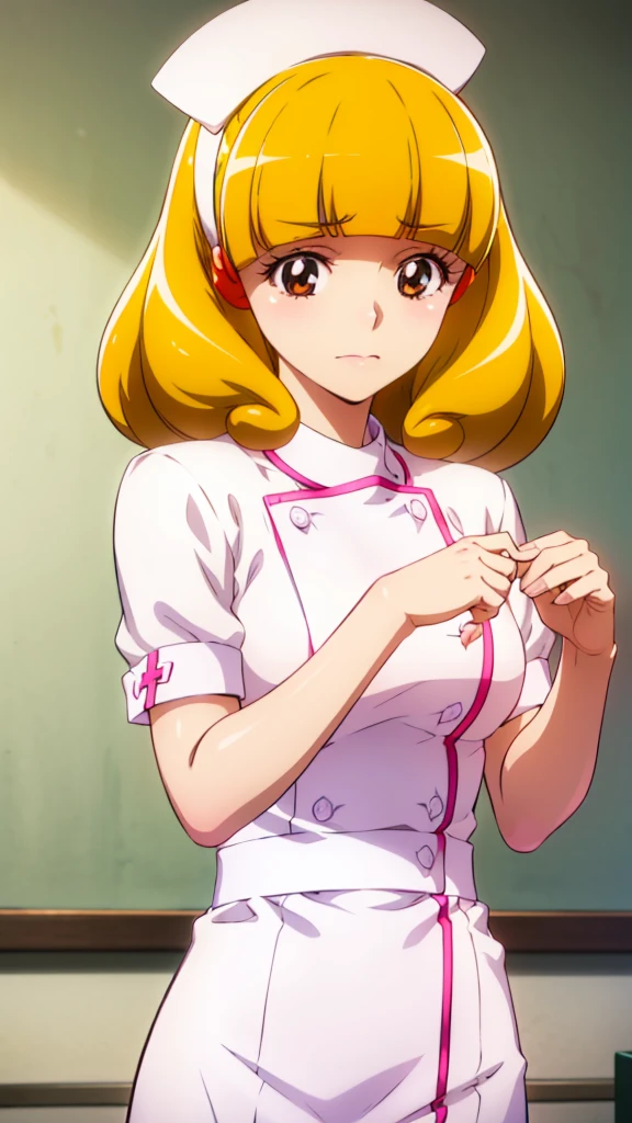 Scary, Yayoi Kose, short hair, Blonde, (Good eyes:1.3), hair band, white hair band, Embarrassing,blush,
,(Wearing white nurse clothes:1.2),(RAW Photos, Highest quality), (Realistic, photo-Realistic:1.4), masterpiece, Very delicate and beautiful, Very detailed, 2k wallpaper, wonderful, finely, Very detailed CG unity 8k wallpaper, Very detailedな, High resolution, Soft Light, Beautiful details, Very detailed eyes and face, Beautiful and sophisticated nose, finely beautiful eyes, nurse, Perfect Anatomy, Upstyle, nurse uniform, ((nurse cap)), Long skirt, nurse, White costume, thin, hospital, clear, White Uniform, hospital room, Neck auscultation,