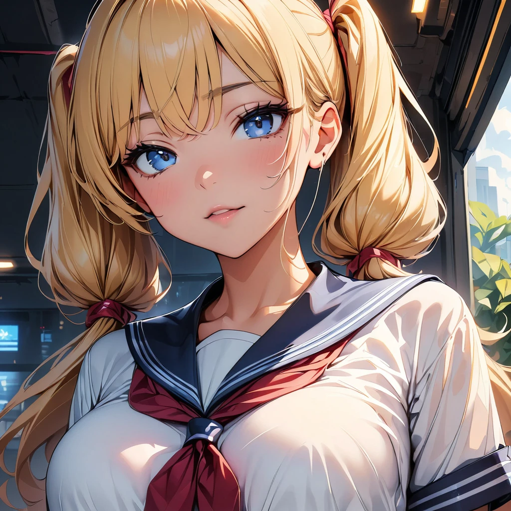 (highest quality, 4k, masterpiece :1.3), Beautiful woman, 1 girl, (chest, attractive body :1.2), JK:1.1, blonde twintails: 1.1, sailor suit, super detailed face, lip details, fine eyes, double eyelid