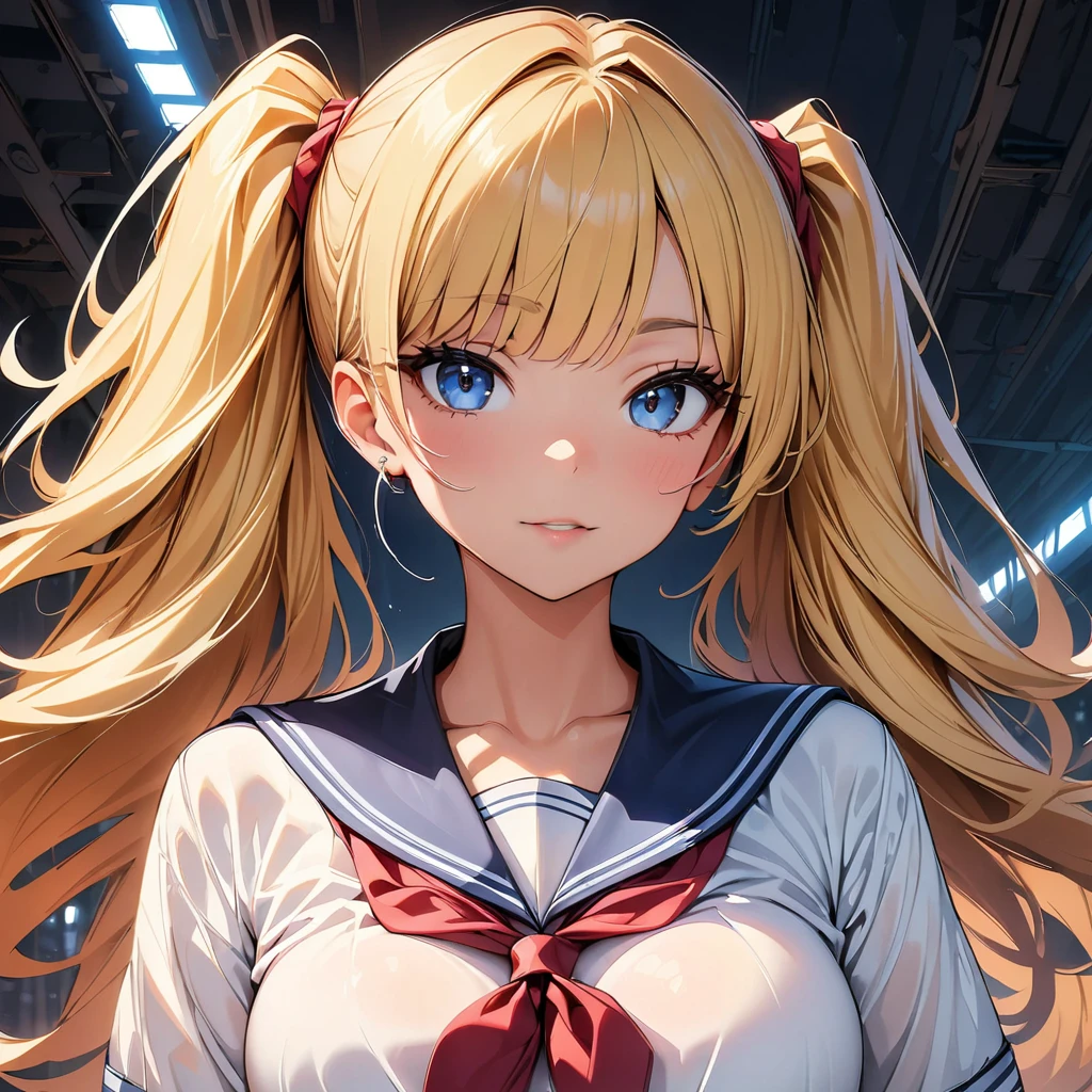 (highest quality, 4k, masterpiece :1.3), Beautiful woman, 1 girl, (chest, attractive body :1.2), JK:1.1, blonde twintails: 1.1, sailor suit, super detailed face, lip details, fine eyes, double eyelid