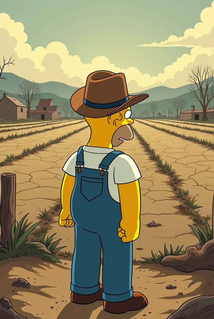 a simpsons style image of the farmer in the simpsons looking upset as he looks out over his farm that has dried up in the heat and everything has died 