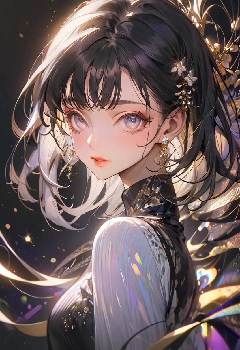 The background is the night electronics district(Highest quality,Very detailed,High resolution:1.2),Slim beautiful girl crying tears of joy，Black Hair，very_Long eyelashes, Detailed lips, Cool look, Soft Skin, Shiny Hair,Exquisite makeup,Face up、