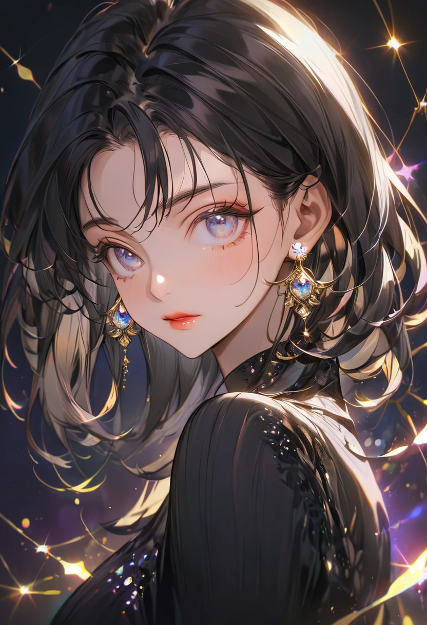 The background is the night electronics district(Highest quality,Very detailed,High resolution:1.2),Slim beautiful girl crying tears of joy,Black Hair,very_Long eyelashes, Detailed lips, Cool look, Soft Skin, Shiny Hair,Exquisite makeup,Face up、