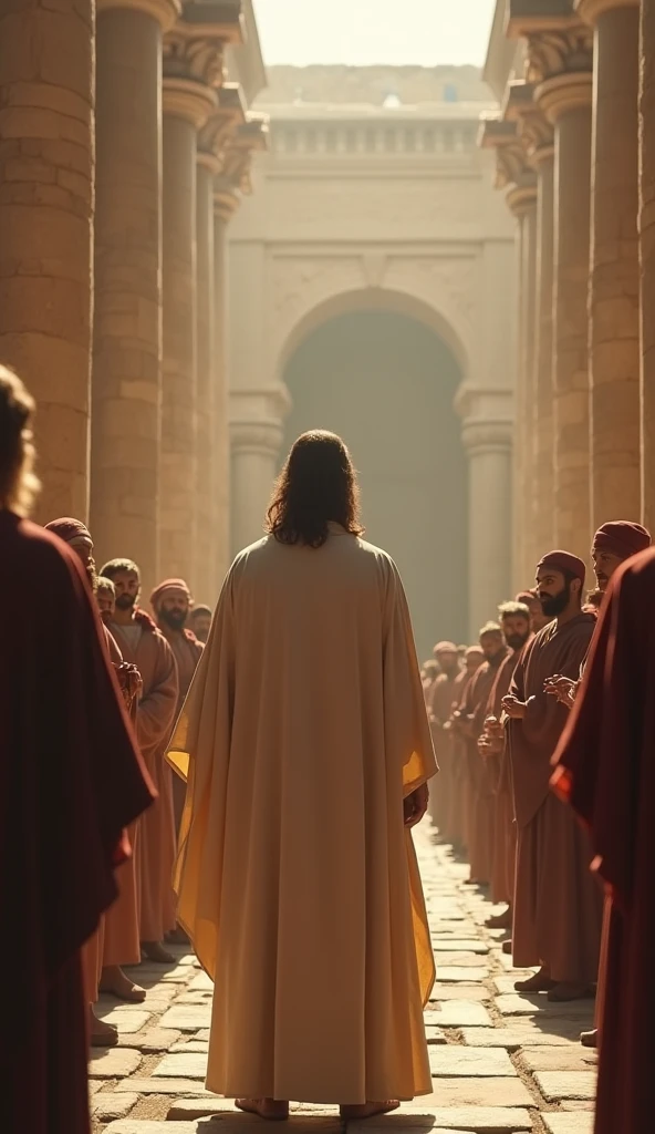 Jesus, standing boldly in front of the religious leaders, 1st-century, plain tunic, in the grand temple of Jerusalem, challenging their authority, tall pillars and ancient architecture in the background, wide-angle shot, hyper-realistic, photo realism, cinematography --ar 9:16