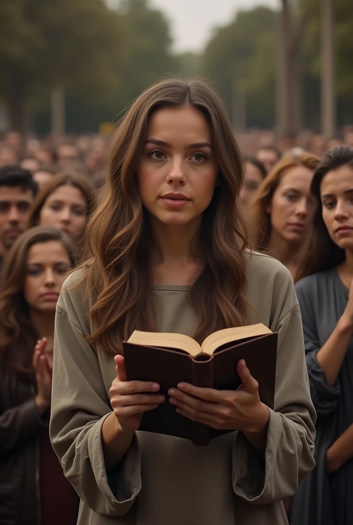 A young woman holding the bible in front of a crowd people