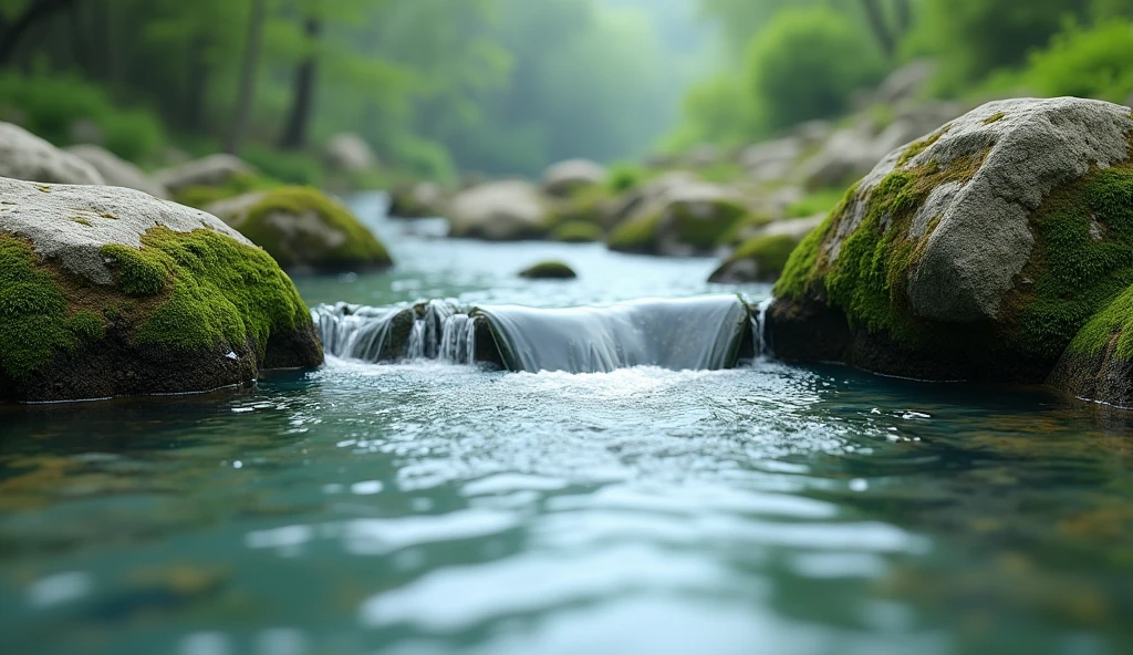 CLEAR river water flows between mossy rocks