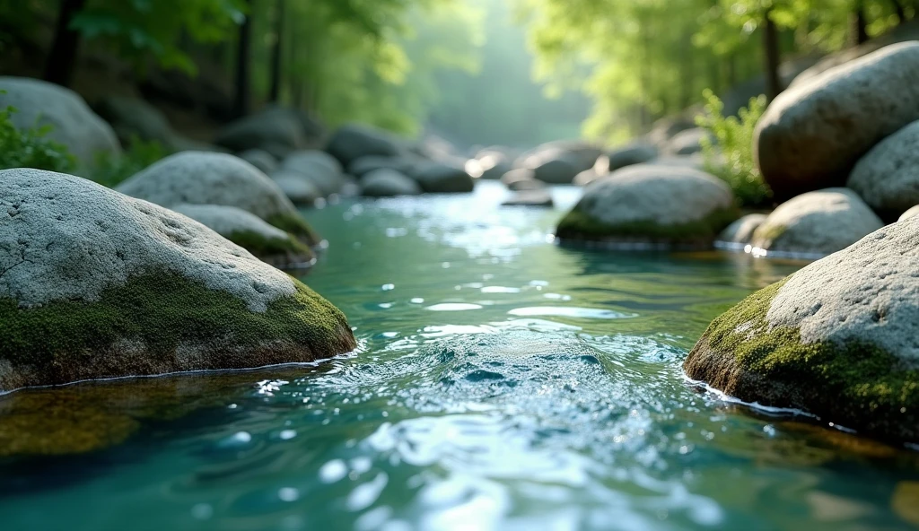 CLEAR river water flows between mossy rocks