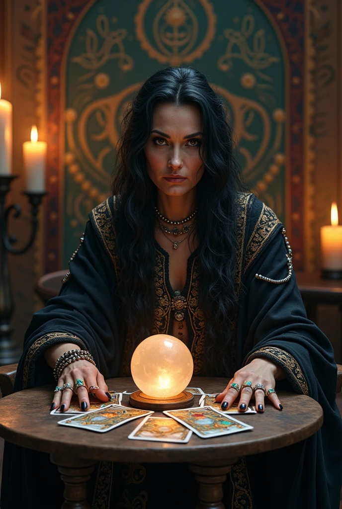 A mysterious and enigmatic fortune teller is seated at a small, round wooden table covered with a deep purple velvet cloth. The fortune teller, a middle-aged woman with long, wavy black hair adorned with silver and gold beads, is wearing a long, dark gown with intricate patterns and a shawl with mystical symbols embroidered in shimmering thread. Her eyes are intense, framed by dark eyeliner, and she has several rings with large, colorful gemstones on her fingers. In front of her, a deck of tarot cards is spread out, and a crystal ball emits a soft, ethereal glow. The room is dimly lit by candles, casting shadows on the walls covered with ancient tapestries and mysterious symbols. The atmosphere is thick with an air of mystery and ancient wisdom. The fortune teller should be centered, staring directly at the camera, with the table in front of her in the middle of the image.