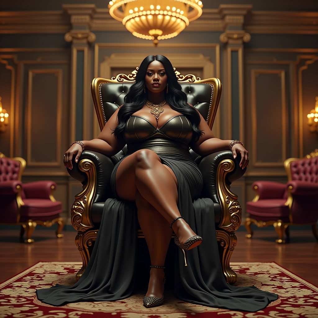 (photorealism:1.2 plus size dark skin ebony melanin curvaceous woman exuding power and authority with a findom persona sitting in throne chair full view f body and beatiful teet and toes
