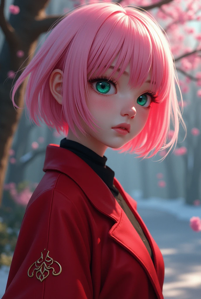 Haruno sakura, Fascinating, ((Show your forehead)), Charm, Sexy Eyes, Red coat, Pink Hair, delicate, young, short hair, Detailed face, High resolution, whole body, From League of Legends, Art Station Trends, Lads, Andreas Rocha, Lost Draw, Makoto Shinkai, Laurie Greasley, Lois van Baarle, Ilya Kuvshinov and Greg Rutkowski