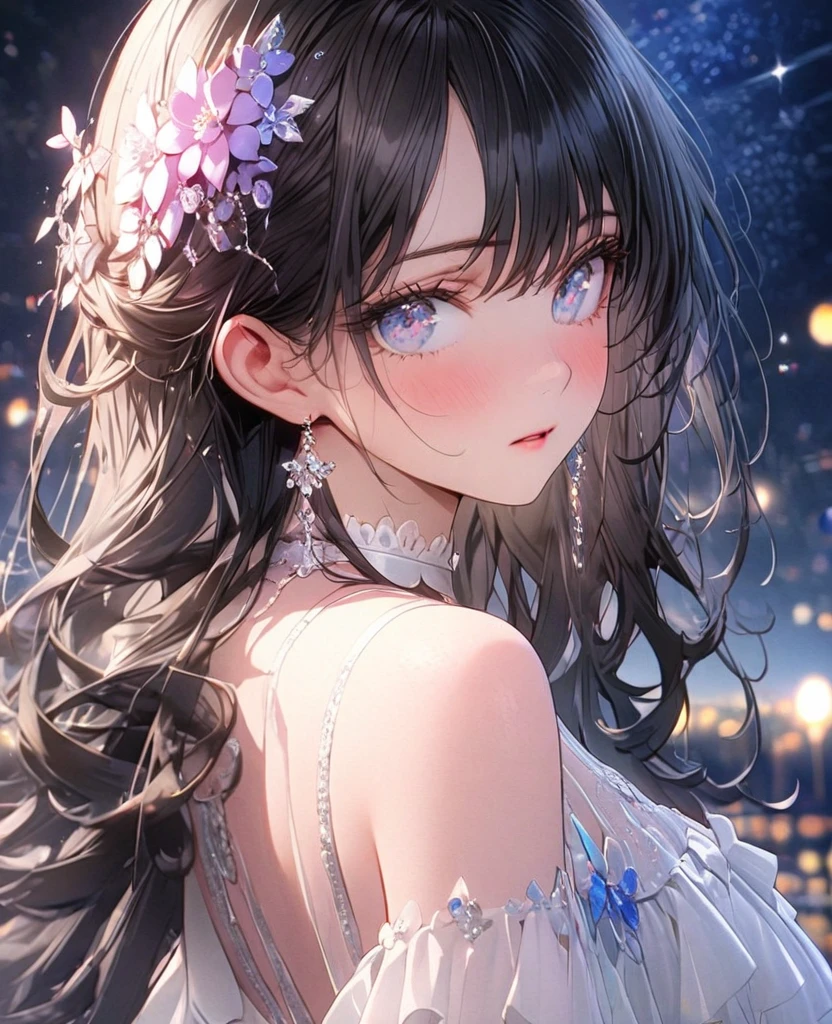 8k,Ephemeral beauty,Very delicate and beautiful,Beautiful and realistic skin,Hair that shines like a jewel,Black Hair、Long and colorful hair,Beautiful Eyes,good,Beautiful night sky、shy、White, frilly adult clothing、