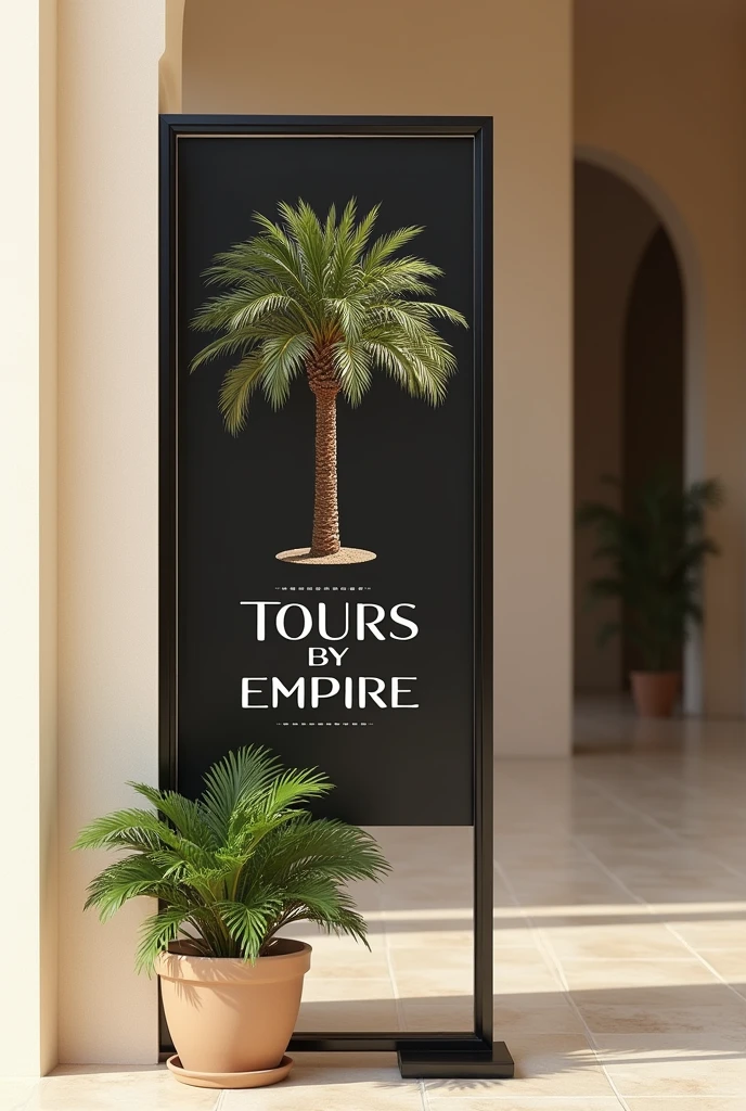 signboard for a travel agency named "Туры Ьу Империя" with a graphic design of a palm tree, the main colors are beige and black