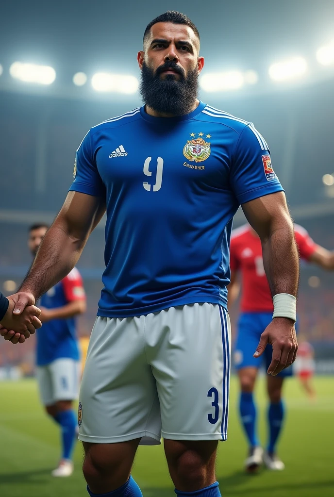 A very bearded, hairy, strong Iranian man wearing the El Salvador national football team uniform. He must wear a blue shirt with white details and the Salvadoran Football Federation shield on the chest.. The shorts must be white with blue details., and the socks, blue with a white stripe. His expression should be confident, e a pose, Stately, reflecting their strength and pride by wearing the uniform. Brazilian player shaking hands on the field at the stadium.