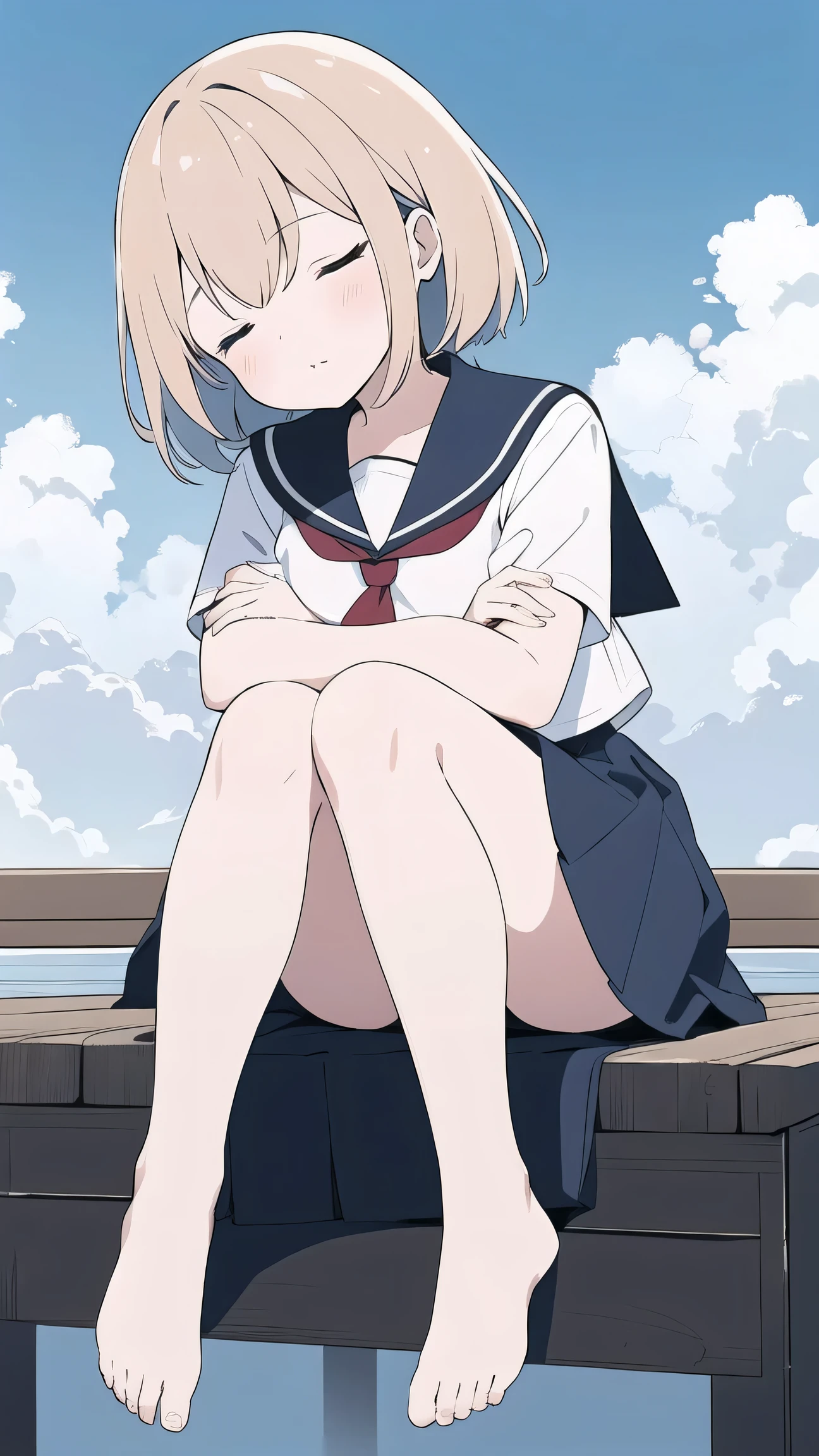 1girl, sleep, relaxed, closed eyes, tilt head, breasts, crossed arms, (beige hair, short hair),
(dark blue school uniform, dark blue skirt, barefoot),
(beautiful detailed sky, blue sky, above the clouds), (sitting on clouds), wind, full body, wide shot,
(flat color:1.2), (best quality, masterpiece:1.2, highres, hyper detailed), lineart、イヤホン