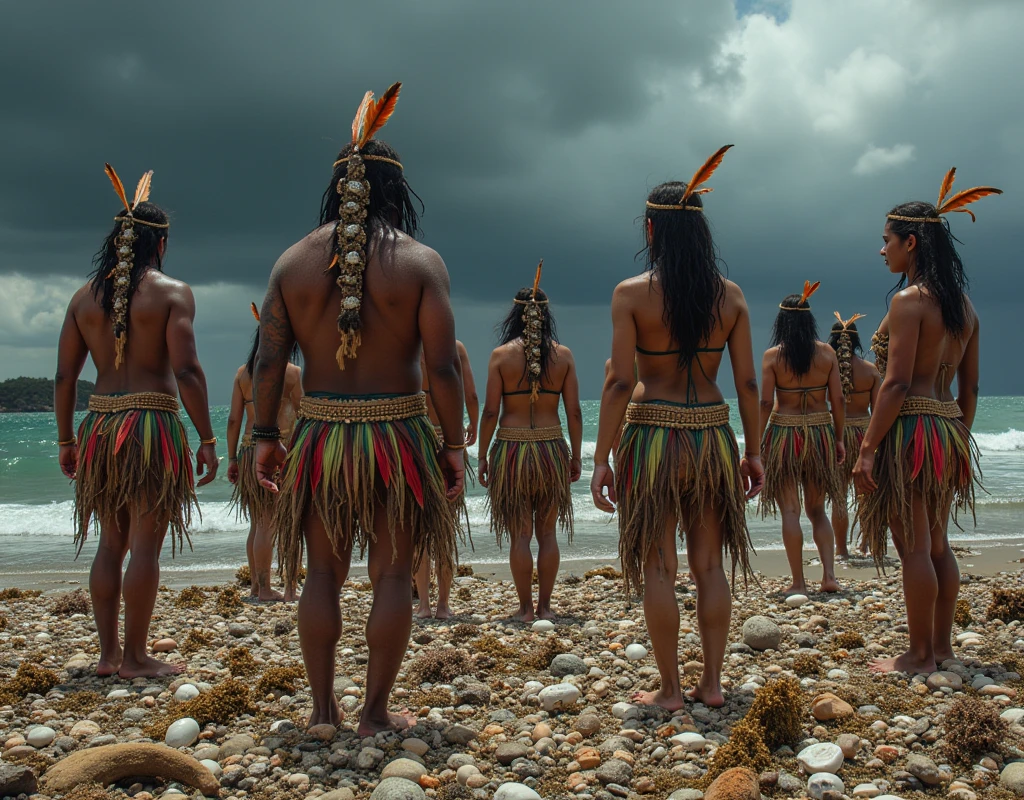 Holocene period, dark cloudy day with black clouds in the sky, Amerindian men with their backs to the observed, wearing feathers and plumes with shell necklaces from shore and Amerindian Neanderthal women, small stature,sturdy body, Chove forte, chest covered with colorful feathers and plumesfeathers covering the torso, , brown skin aborigines , savages wearing only a few colorful bird feathers , just dirty skin grandpa feathers, catching fish, turtle shells on the ground..lots and lots of shells on the floor, floor full of shells and seaweed few feathers cover the body , no clothes under the feathers no straw disheveled hair, hair spread out, messy hair, ugly hair masterpeiece on a remote beach in a sunny manan with lots of oysters, fish bones and on the floor , searching for shells on the sand, dead fish on the sand, piles of shells nearby