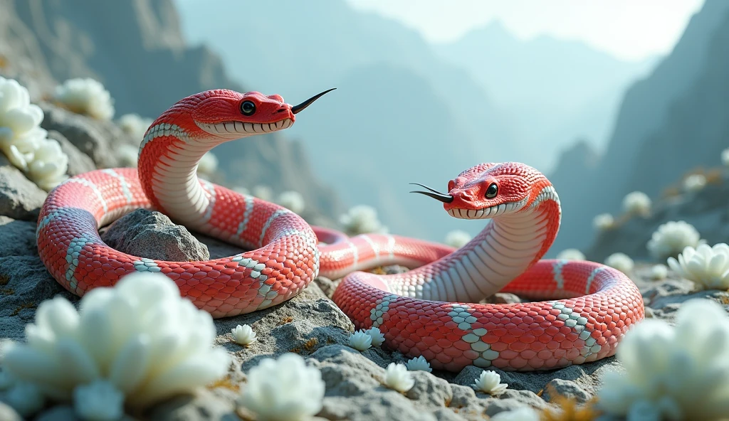 There are many white jades on the mountain,There are also many pit vipers with red and white rings and spikes on their noses.(best quality,4K,8k,High level,masterpiece:1.2),Ultra Detailed,(lifelike,Photo real,Photo real:1.37)