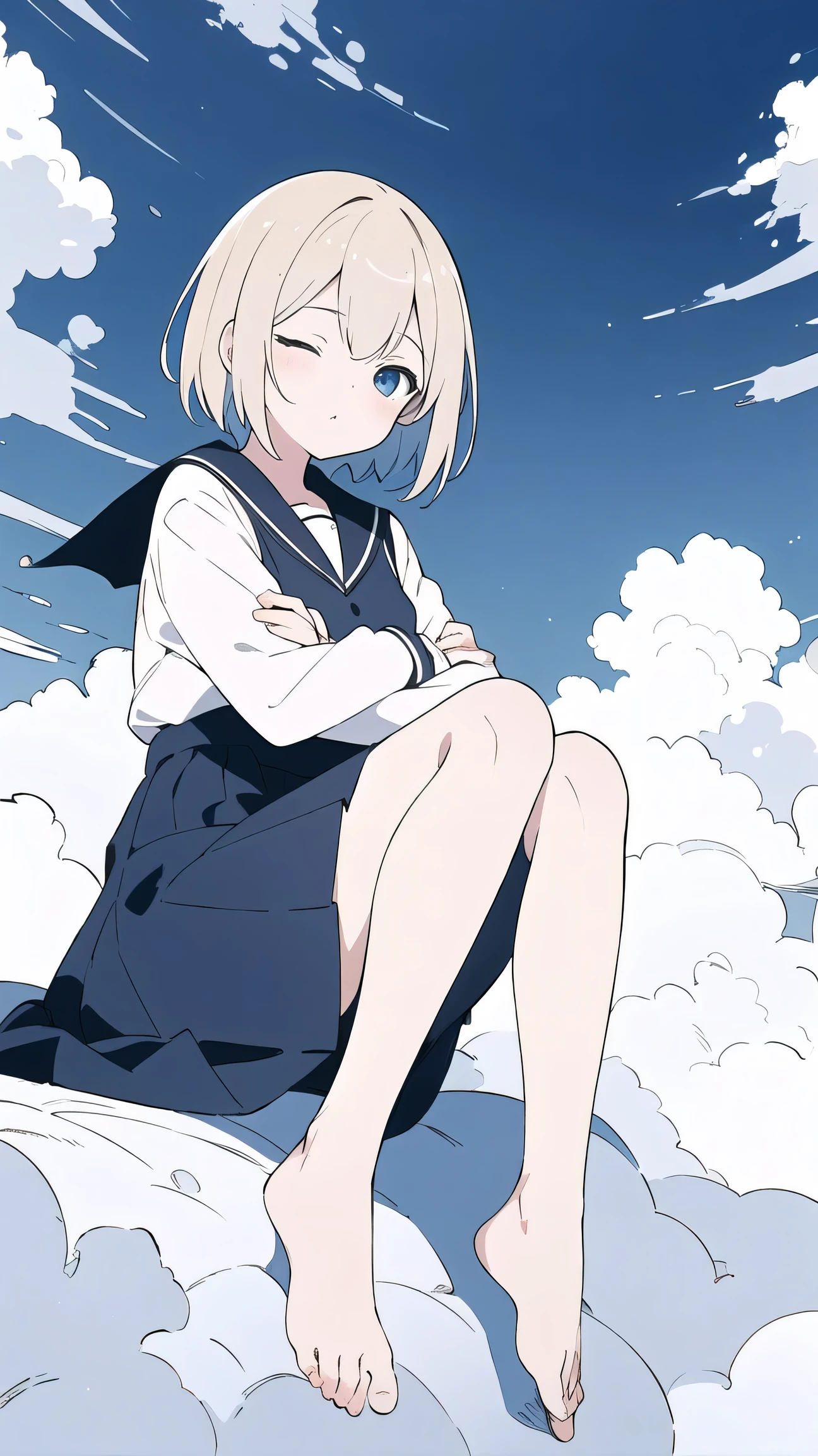 1girl, sleep, relaxed, closed eyes, tilt head, breasts, crossed arms, (beige hair, short hair),
(dark blue school uniform, dark blue skirt, barefoot),
(beautiful detailed sky, blue sky, above the clouds), (sitting on clouds), wind, full body, wide shot,
(flat color:1.2), (best quality, masterpiece:1.2, highres, hyper detailed), lineart