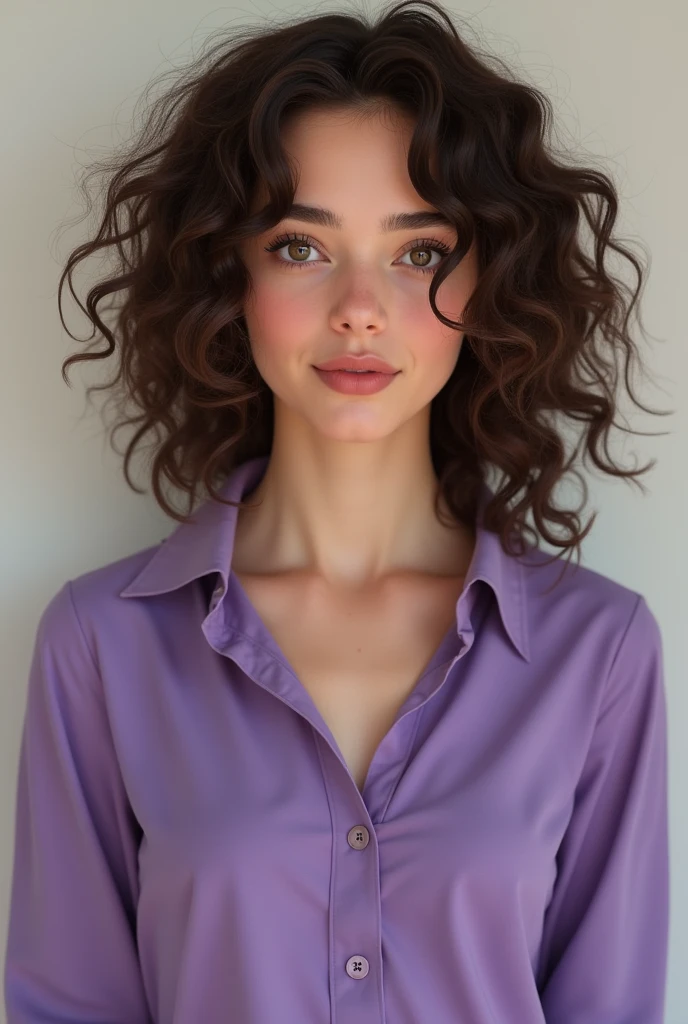 Now the same very real young woman age 19 years with curly hair big and wide forehead with purple blouse and creamy decaffeinated skin full body image 