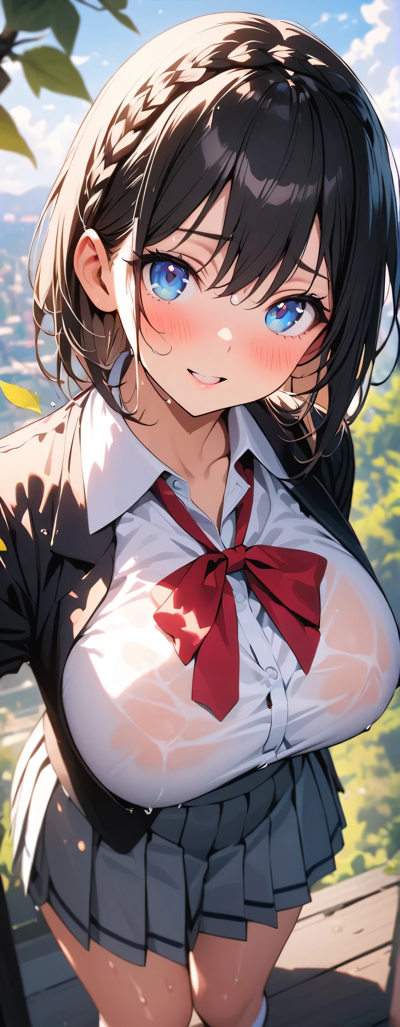 , (beautiful girl: 1.3),1girl,masterpiece, Highest quality, Ultra-high resolution,rich contrast,super high quality,8k,Highly detailed CG unit wallpaper,texture,Incredibly absurd,Ultra-high resolution,RAW Photos,Depth of Field 1.2,overlooking,(magnificent panorama view:1.3),(High School Uniform&Pleated skirt:1.5),Black Hair,Crown braid,Ultra-detailed eyes,(sensuous),Glowing Skin,loafers,leaves dripping with rain,sunlight through trees,post-rain aroma,Her jacket is open and her breasts are exposed,blush,Sigh,look up,(((Wet))),((Large Breasts)),After the Rain,pencil drawing
