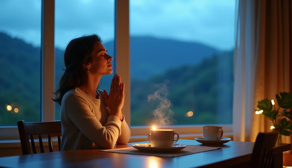 an image closeup of a woman in prayer having breakfast in front of a window at home with a beautiful landscape outside. blue tones, there is a yellow light on the table and smoke comes out of the cup