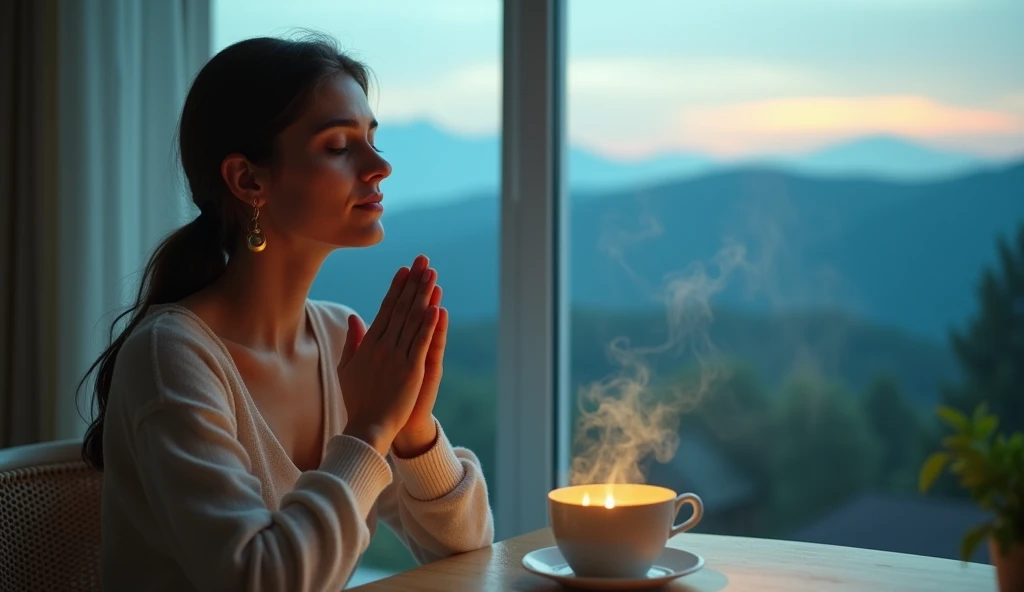 an image closeup of a woman in prayer having breakfast in front of a window at home with a beautiful landscape outside. blue tones, there is a yellow light on the table and smoke comes out of the cup