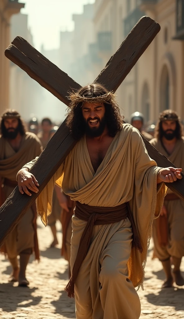 Jesus, carrying the wooden cross, 1st-century, wearing a crown of thorns, along the streets of Jerusalem, struggling under the weight of the cross, with Roman soldiers and onlookers in the background, wide-angle shot, hyper-realistic, photo realism, cinematography --ar 9:16
