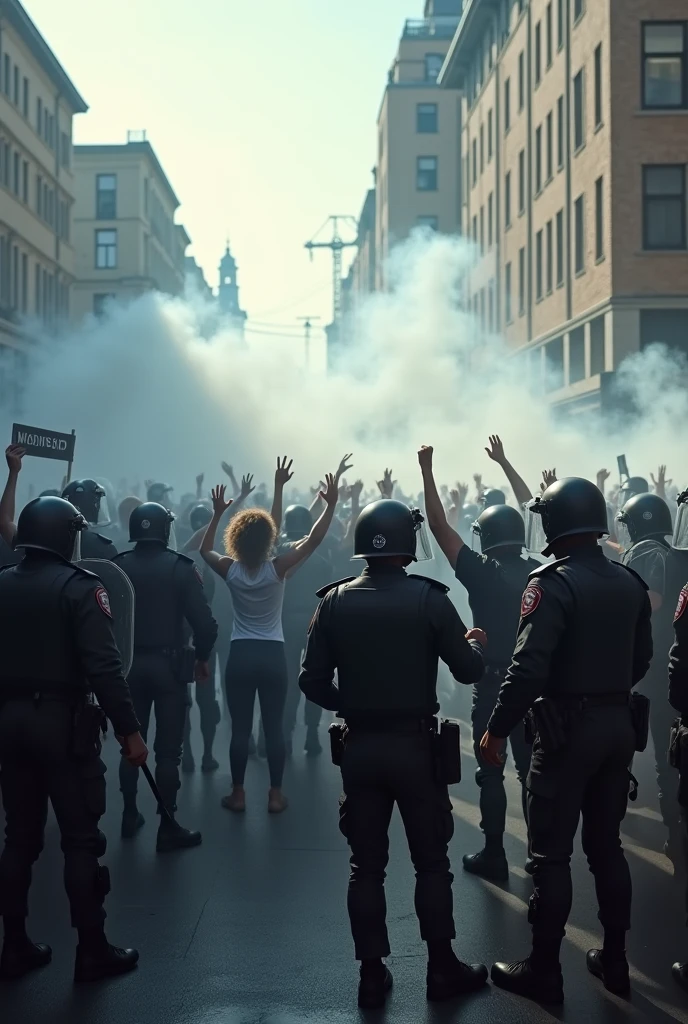 Police try to break people peaceful protest with water canon and tear gas.