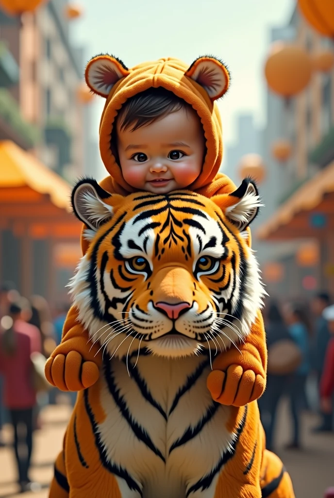 This image shows a  wearing a furry costume that resembles a tiger motif. The babyears to be sitting on the back of a large tiger. The tiger has orange-coloured fur with distinctive black stripes, and a facial expression that looks calm yet alert. The background of the image shows a seemingly bustling atmosphere, with some people faintly visible in the distance, presumably watching the scene. The combination of the baby and tiger costumes creates an adorable and unique impression.