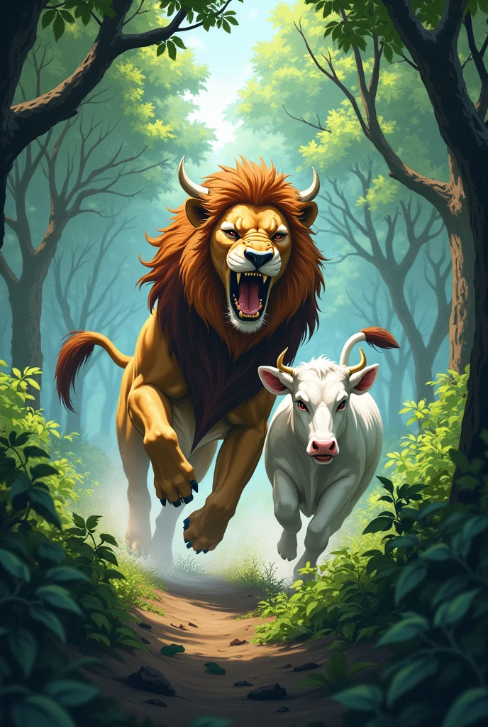 A lion is stalking a cow in the forest. The cow is white in color and is running to save itself. The lion is chasing her to kill her.create a anime of that 