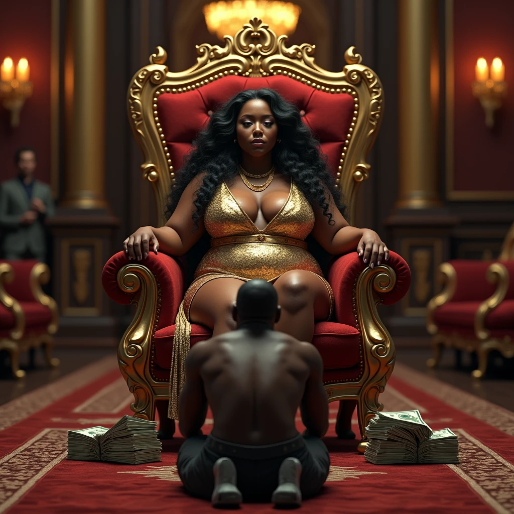 (photorealism:1.2), photorealist A plus-size, curvaceous BBW woman in her mid-30s with a dark-skinned, melanin-rich complexion sits regally on a grand throne chair inside a luxurious mansion. She exudes power, wealth, and authority, perfectly embodying a matriarch findom goddess persona. Dressed in a luxurious designer outfit—a form-fitting, elegant dress paired with high heels and adorned with gold jewelry— with long flowing hair she displays an aura of supreme confidence and control. At her feet, a white male kneels in submission, his head bowed low as he worships her, his hands holding large stacks of cash as offerings to her power. The room around her is opulent, featuring high ceilings, grand chandeliers, and lavish furnishings, with rich textures and gold accents that highlight the grandeur of her domain and the atmosphere of wealth and dominance.