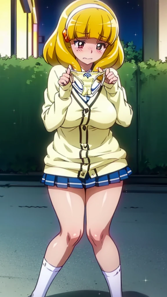 Scary, Yayoi Kose, short hair, Blonde, (Good eyes:1.3), hair band, white hair band, Embarrassing,blush,
Breaking skirt, school uniform, socks, cardigan, nanairogaoka middle school uniform, yellow cardigan, Pleated skirt, Blue Skirt,Highest quality, masterpiece, Ultra-high resolution, (reality: 1.4), Original photo, 1 female, mature, smile, Plump body, , Cinema Lighting, Exact finger count、Exact number of legs、(Exact number of arms:1.0, Exact number of hands:1.0), (Perfect hands, Perfect Anatomy), cinematic, reality, Extremely detailed CG, night lighting, Perfect lighting, Best Shadow, The best natural light, smile, (Huge breasts:1.2),Chest pocket,((Woman showing off her panties:1.3)), , (Sexy and cute panties), (Stylish shiny panties:1.2), Side tie panties, Lace panties:1, Feeling embarrassed, (blush:1.2), (Embarrassed expression:1.4), (On the streets of the entertainment district at night:1.3), Angle from the front