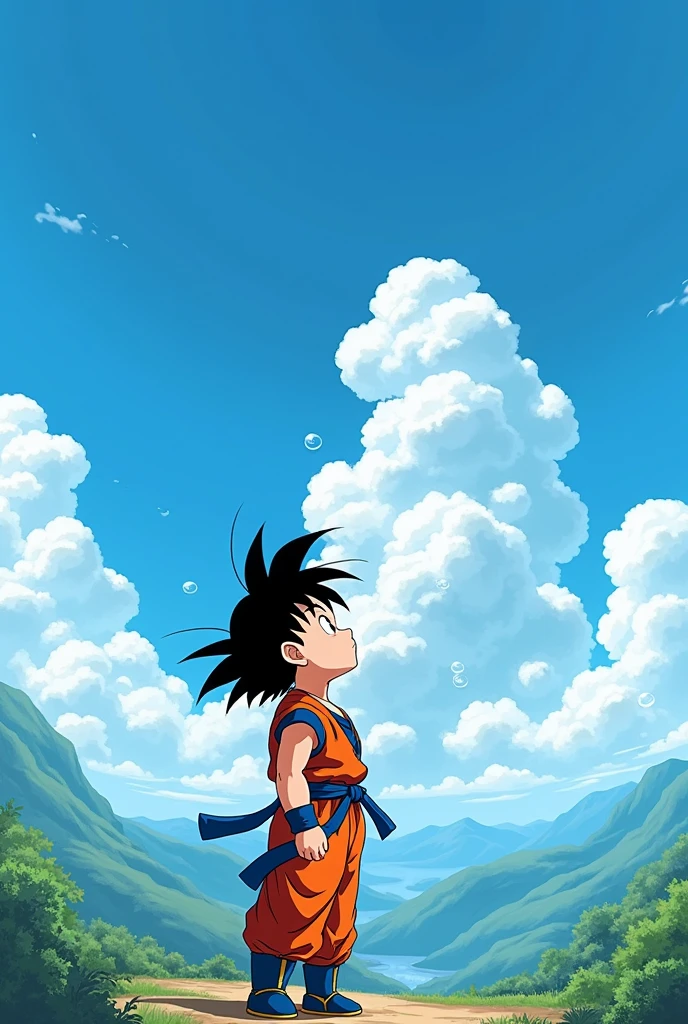 Goku child looking at clouds full of water in the sky anime style dragon ball manga