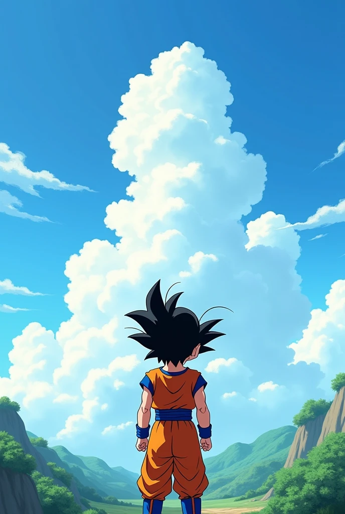 Goku child looking at clouds full of water in the sky anime style dragon ball manga