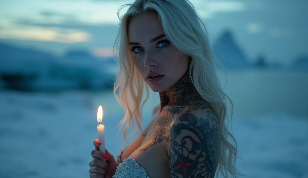 tatuados,Very beautiful big breasts、(Tears),(Back tattoo、Many tattoos on both arms and neck)、 (Midnight in Antarctica,Polar landscape with white earth and blue icebergs),Candlelight only,Very detailed, 21 years old, A beautiful woman,Depressed face, Platinum Blonde Hair,Braided Hair, blue eyes, High resolution, masterpiece, Highest quality, Intricate details, Very detailed, Clear focus, Delicate skin, practical skin texture, texture, Delicate eyes, Professional, 8k, Sad face,despair、 Shot with Canon, 85mm, Shallow and deep, Kodak Vision Color, Exactly, Very detailed, photograph_\(Extremist\), photographpractical, practical, Post-processing, Maximum details, Roughness, Real Life, Extremist practical, Photorealism, photographgraphy, 8k ウルトラ HD, photographgraphy