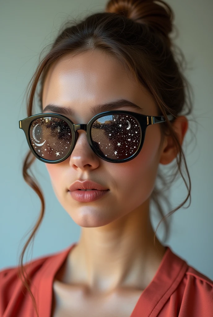 The model is wearing glass sunglasses with stars and the moon on the glass