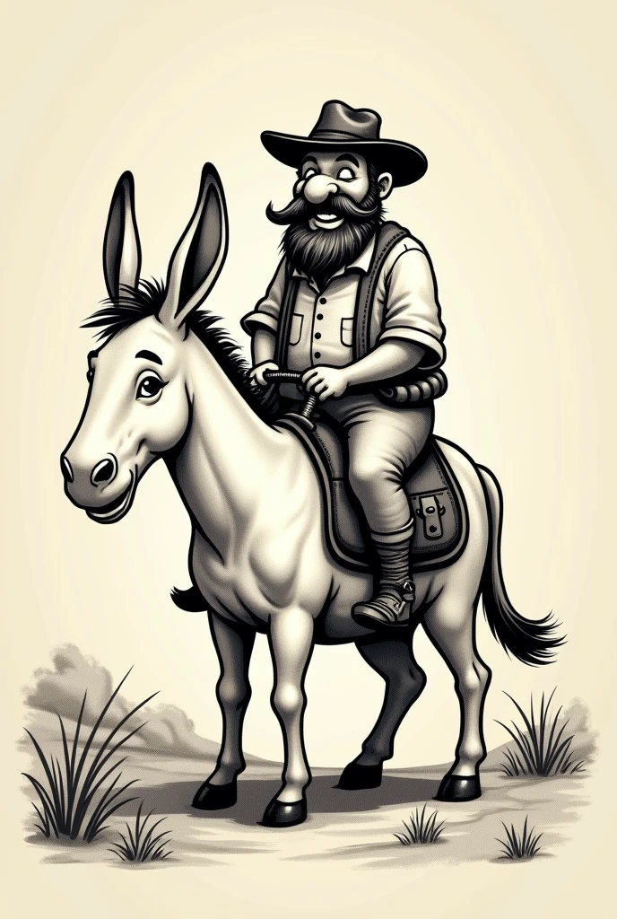Bearded big nosed man on a donkey with leather hat white woodblock print shirt, and smile on your face, short beard and short faded hair 