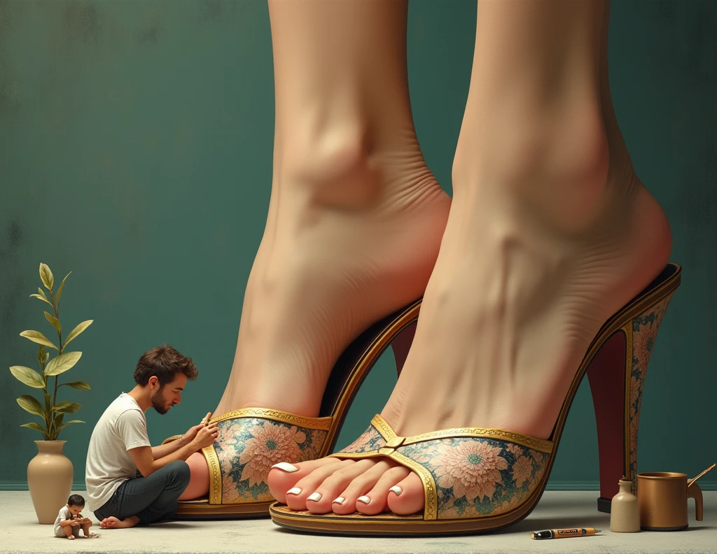 a tiny man paints a giant woman's toenails, she is barefoot and the woman's shoes, - high heel clogs, also huge, are lying beside your feet.