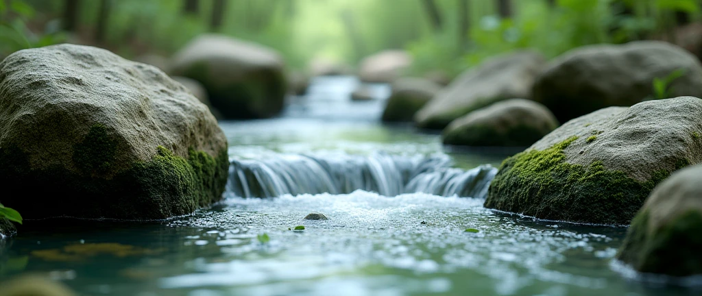 CLEAR river water flows between mossy rocks