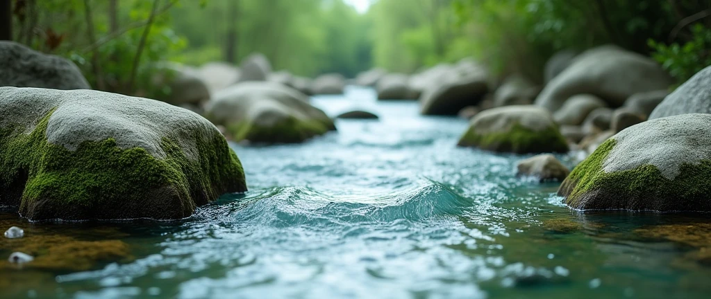 CLEAR river water flows between mossy rocks