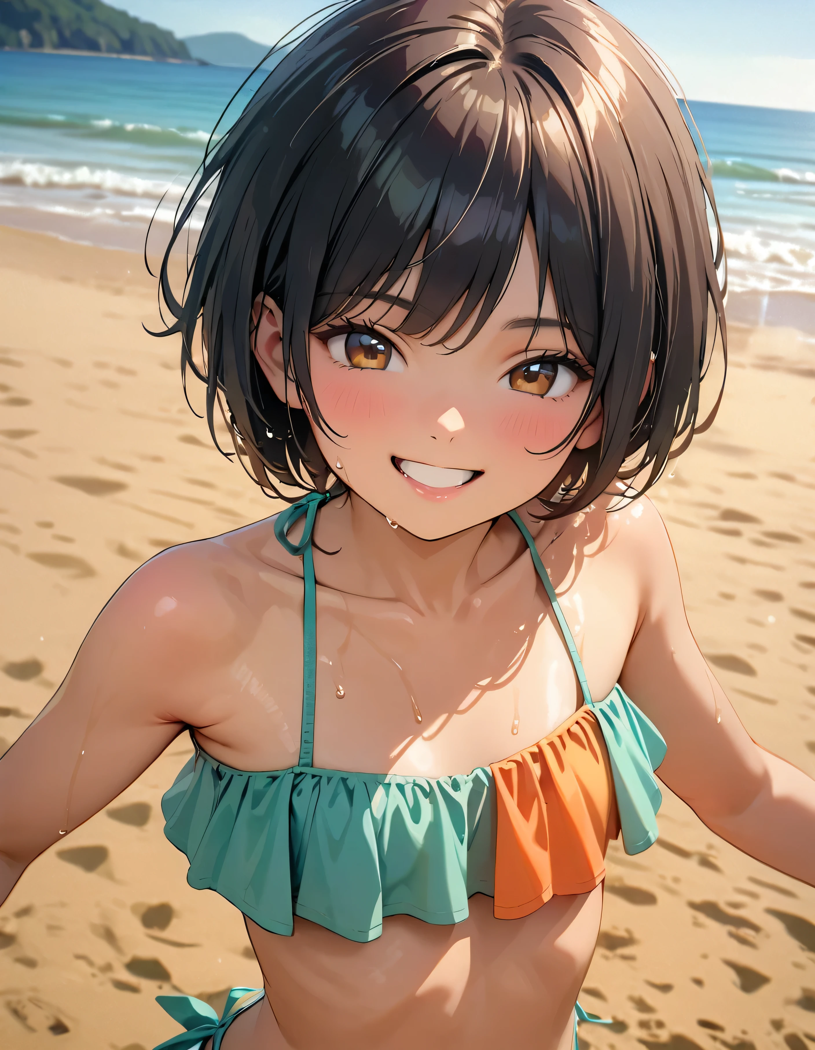 (Highest quality:1.2, Very detailed, Latest, Vibrant, masterpiece:1.2, Highest quality, Best aesthetics), smile, ((Face Up Shot:1.4)), 1980s style, 8K Ultra HD, Background Blur, smile, One Woman, Woman in bikini, Strong sunlight, Seaside, sunny, Summer sunshine, Wet Skin, Flat chest, Sandy Beach, Bobcut, low length, Dynamic Angle, very young, Get excited