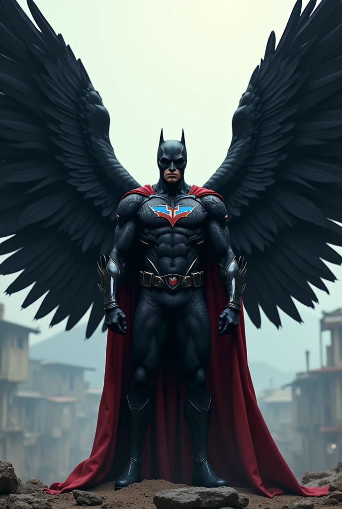 Create a powerful image of a Haitian superhero named Angel, with imposing black wings. He stands proudly, his wings spread behind, symbolisant à la fois la protection et la force intérieure. His costume is dark and elegant., avec des touches de bleu et de rouge rappelant les couleurs haïtiennes, but with a dominant black color to accentuate its mysterious and determined side. Background, un paysage urbain ou montagneux haïtien, lightly shaded, où le nom 'Angel' est écrit en grand, dans une typographie audacieuse et stylisée, blending into the environment as an indelible mark of his fight for justice and freedom."